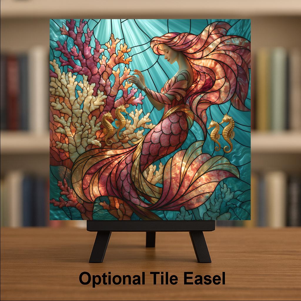 Mermaid Coral Garden Wall Art Ceramic Tile Stained Glass Style Seahorse Ocean Fantasy Coastal Decor Under the Sea Art