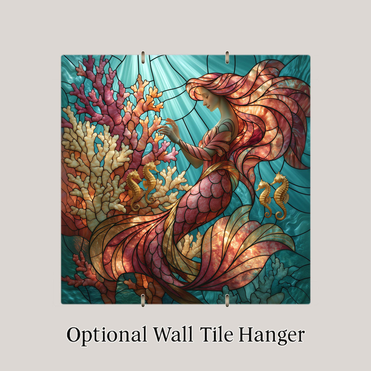 Mermaid Coral Garden Wall Art Ceramic Tile Stained Glass Style Seahorse Ocean Fantasy Coastal Decor Under the Sea Art
