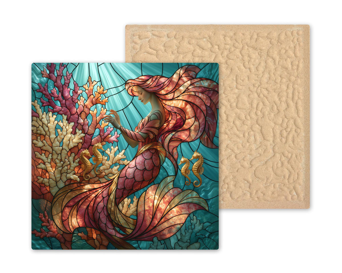 Mermaid Coral Garden Wall Art Ceramic Tile Stained Glass Style Seahorse Ocean Fantasy Coastal Decor Under the Sea Art