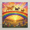 Stained glass style ceramic tile of a luminous rainbow bridge over a golden meadow with three joyful dogs crossing together at sunset