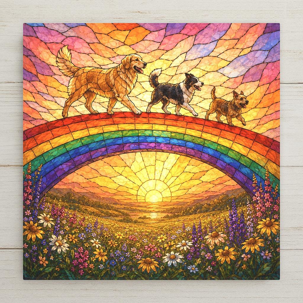 Stained glass style ceramic tile of a luminous rainbow bridge over a golden meadow with three joyful dogs crossing together at sunset