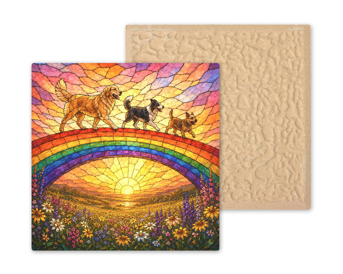 Rainbow Bridge Wall Art Ceramic Tile Stained Glass Style Dog Memorial Pet Loss Remembrance Golden Meadow Sunset Art