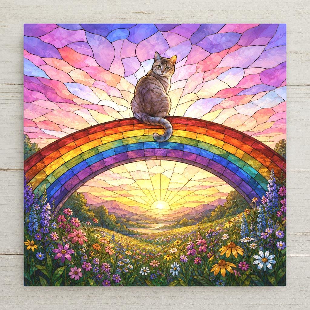 Stained glass style ceramic tile of a serene cat sitting at the crest of a rainbow bridge over a peaceful meadow at dawn