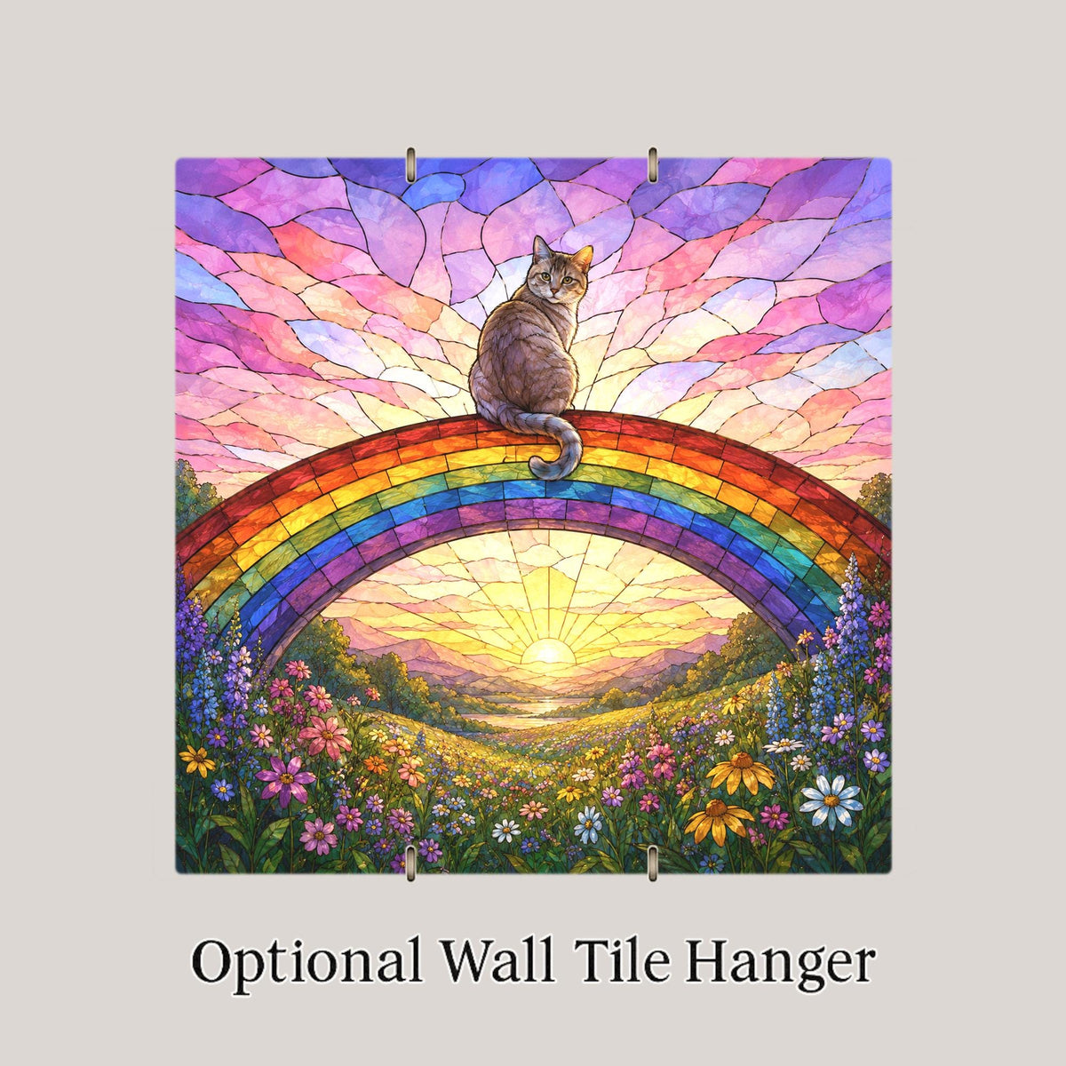 Cat Memorial Wall Art Ceramic Tile Stained Glass Style Rainbow Bridge Pet Loss Remembrance Peaceful Meadow Sunrise Art