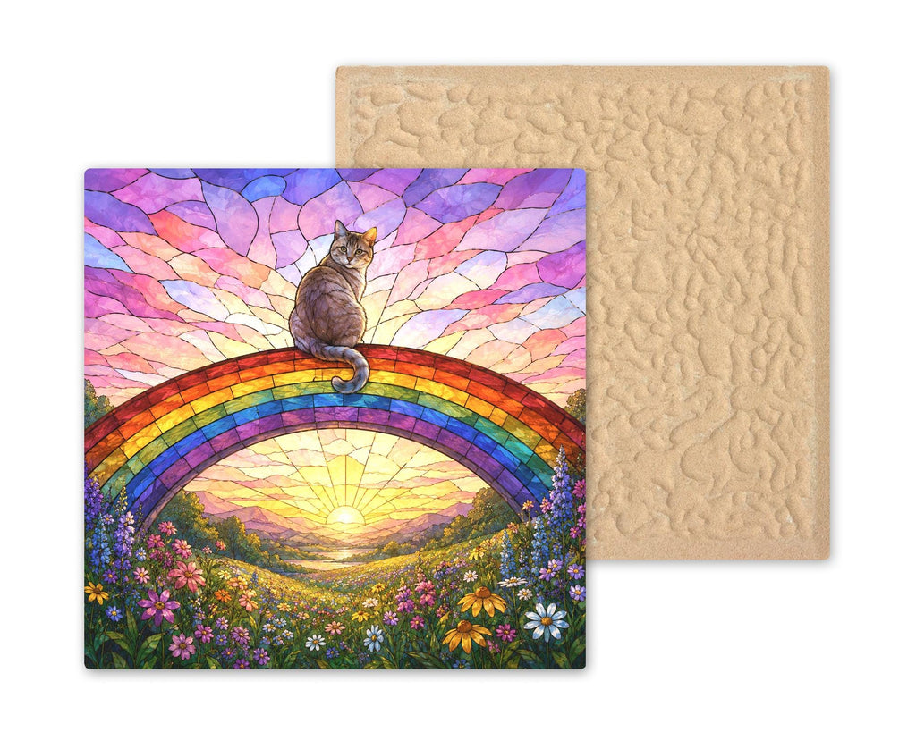 Cat Memorial Wall Art Ceramic Tile Stained Glass Style Rainbow Bridge Pet Loss Remembrance Peaceful Meadow Sunrise Art