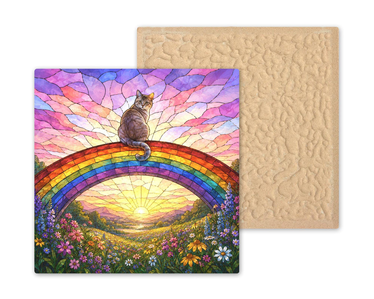 Cat Memorial Wall Art Ceramic Tile Stained Glass Style Rainbow Bridge Pet Loss Remembrance Peaceful Meadow Sunrise Art