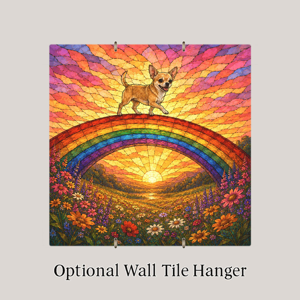 Chihuahua Memorial Wall Art Ceramic Tile Stained Glass Style Rainbow Bridge Dog Remembrance Pet Loss Sunset Meadow Art