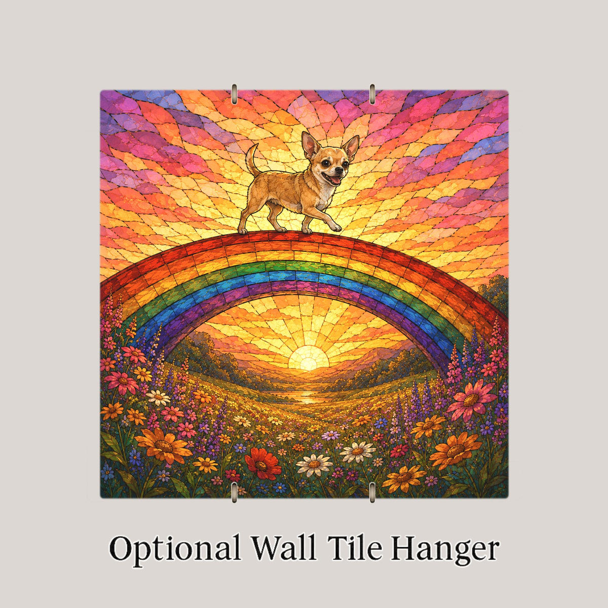 Chihuahua Memorial Wall Art Ceramic Tile Stained Glass Style Rainbow Bridge Dog Remembrance Pet Loss Sunset Meadow Art