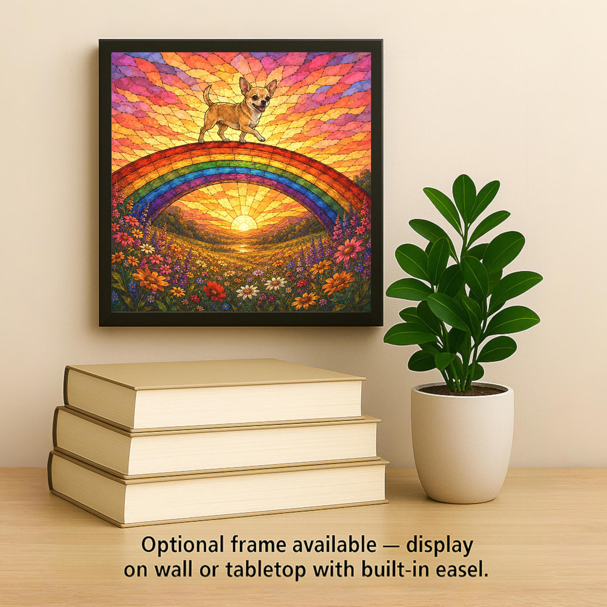 Chihuahua Memorial Wall Art Ceramic Tile Stained Glass Style Rainbow Bridge Dog Remembrance Pet Loss Sunset Meadow Art