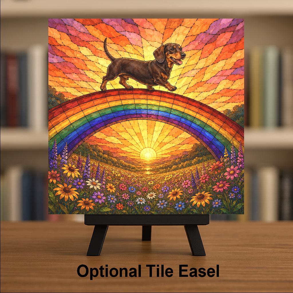 Dachshund Memorial Wall Art Ceramic Tile Stained Glass Style Rainbow Bridge Dog Remembrance Pet Loss Sunset Meadow Art