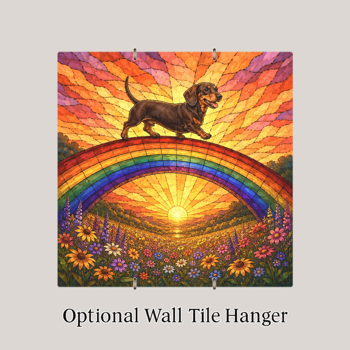 Dachshund Memorial Wall Art Ceramic Tile Stained Glass Style Rainbow Bridge Dog Remembrance Pet Loss Sunset Meadow Art