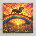Stained glass style ceramic tile of a joyful dachshund with long body and floppy ears crossing a rainbow bridge over a golden meadow at sunset