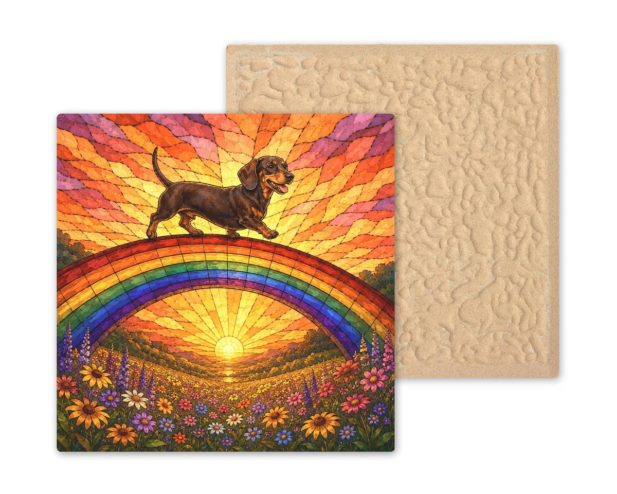 Dachshund Memorial Wall Art Ceramic Tile Stained Glass Style Rainbow Bridge Dog Remembrance Pet Loss Sunset Meadow Art