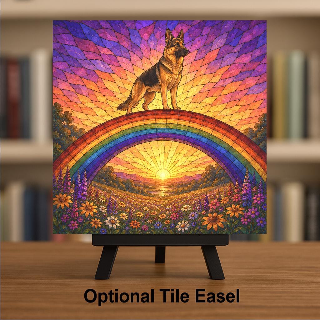 German Shepherd Memorial Wall Art Ceramic Tile Stained Glass Style Rainbow Bridge Dog Remembrance Pet Loss Meadow Art