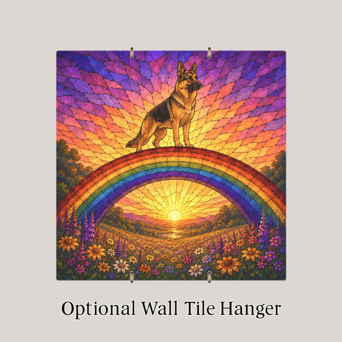 German Shepherd Memorial Wall Art Ceramic Tile Stained Glass Style Rainbow Bridge Dog Remembrance Pet Loss Meadow Art