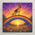 Stained glass style ceramic tile of a noble black and tan german shepherd standing watch at the crest of a rainbow bridge over a golden meadow