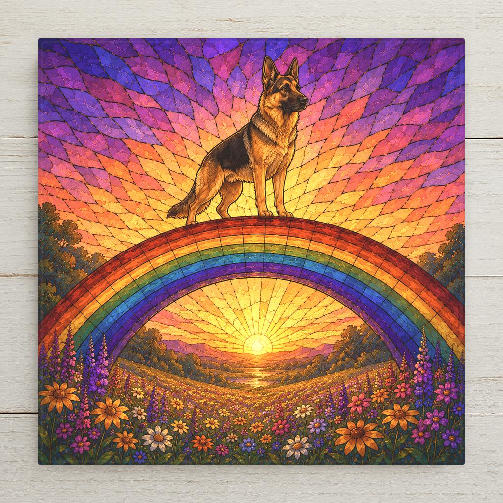 Stained glass style ceramic tile of a noble black and tan german shepherd standing watch at the crest of a rainbow bridge over a golden meadow