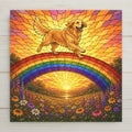 Stained glass style ceramic tile of a joyful golden retriever bounding across a rainbow bridge over a golden meadow, tail high