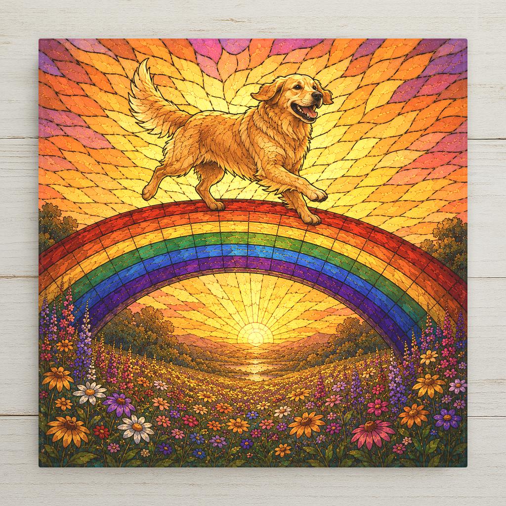 Stained glass style ceramic tile of a joyful golden retriever bounding across a rainbow bridge over a golden meadow, tail high