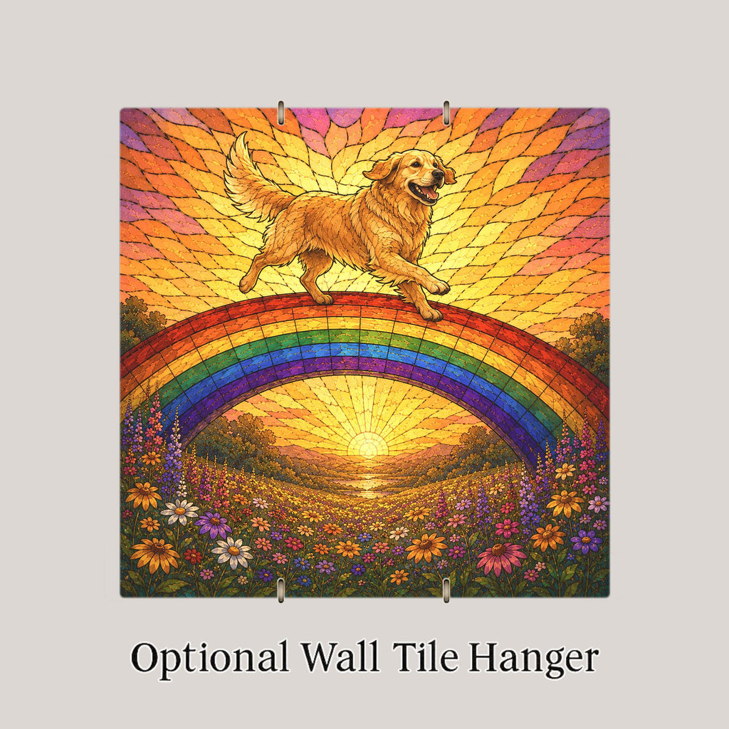 Golden Retriever Memorial Wall Art Ceramic Tile Stained Glass Style Rainbow Bridge Dog Remembrance Pet Loss Meadow Art