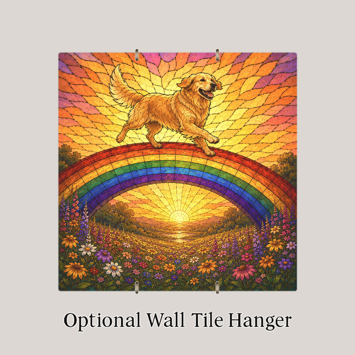 Golden Retriever Memorial Wall Art Ceramic Tile Stained Glass Style Rainbow Bridge Dog Remembrance Pet Loss Meadow Art