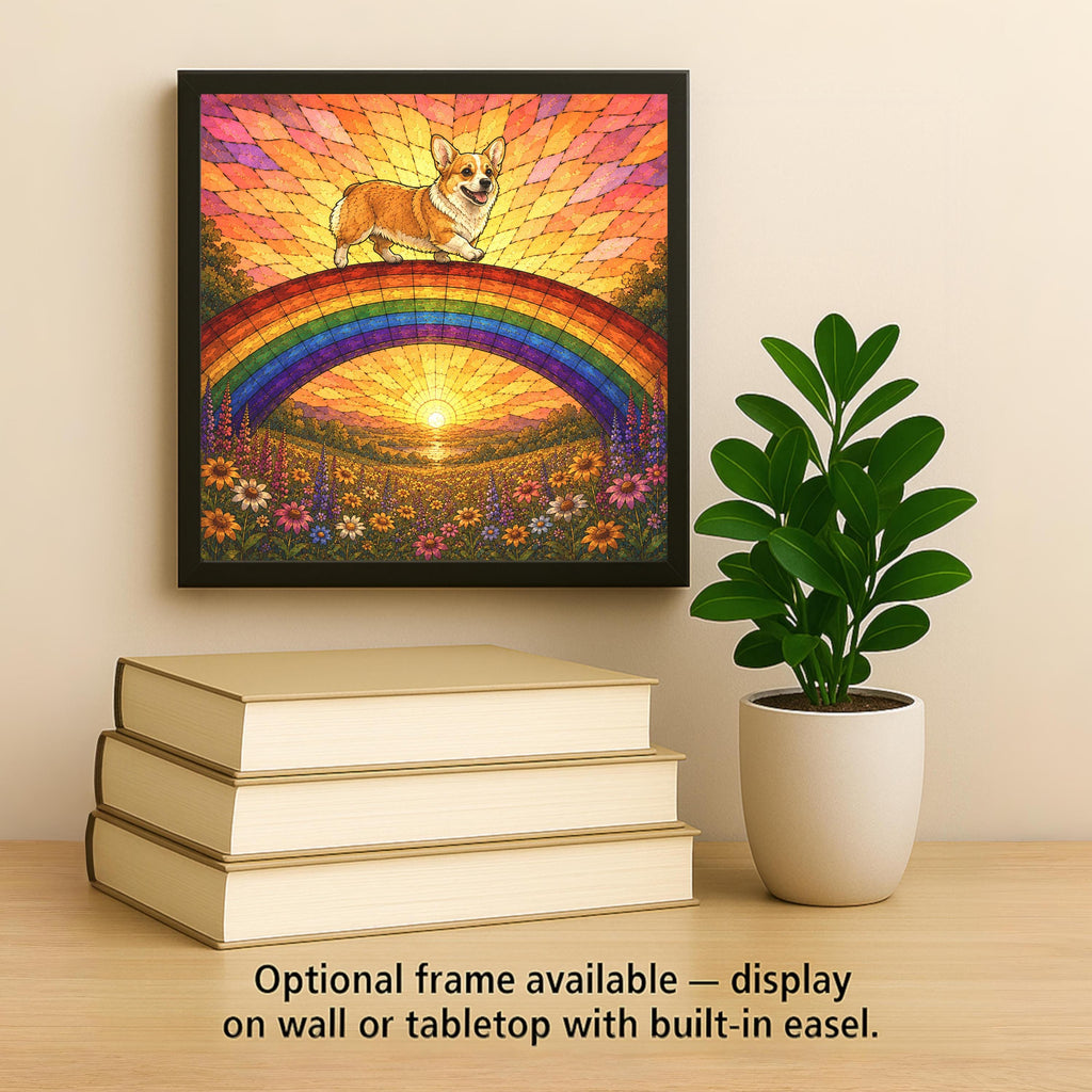 Corgi Memorial Wall Art Ceramic Tile Stained Glass Style Rainbow Bridge Dog Remembrance Pet Loss Sunset Meadow Art