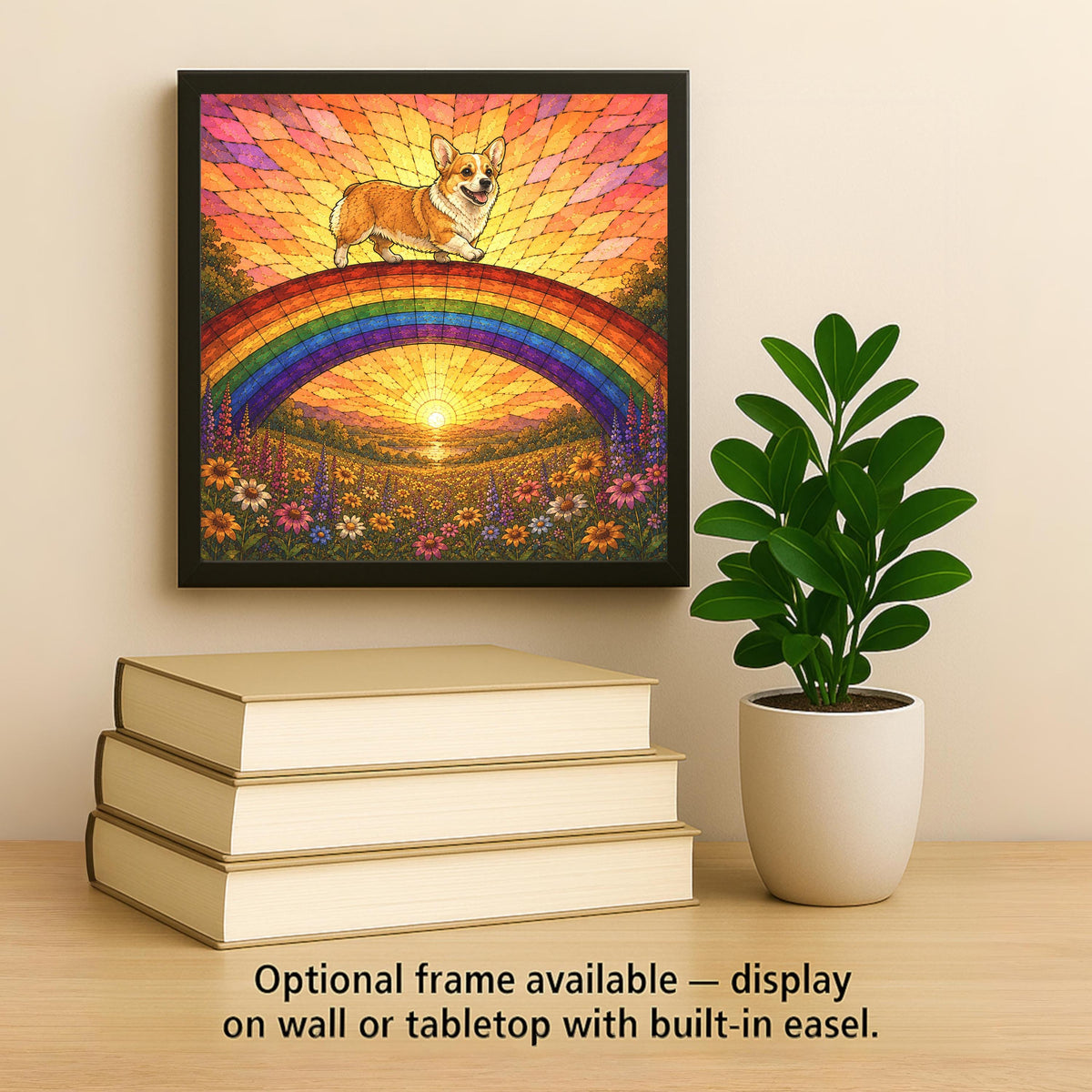 Corgi Memorial Wall Art Ceramic Tile Stained Glass Style Rainbow Bridge Dog Remembrance Pet Loss Sunset Meadow Art