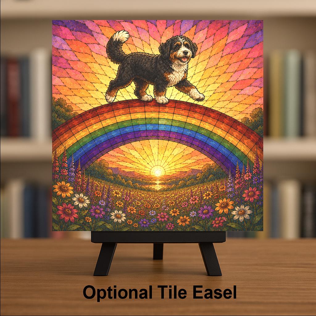 Bernedoodle Memorial Wall Art Ceramic Tile Stained Glass Style Rainbow Bridge Dog Remembrance Pet Loss Meadow Art