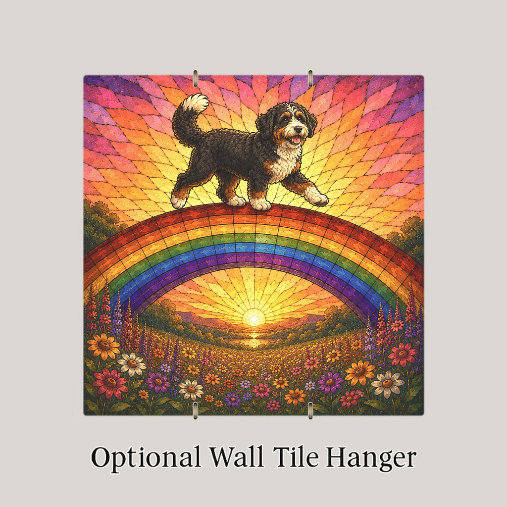 Bernedoodle Memorial Wall Art Ceramic Tile Stained Glass Style Rainbow Bridge Dog Remembrance Pet Loss Meadow Art