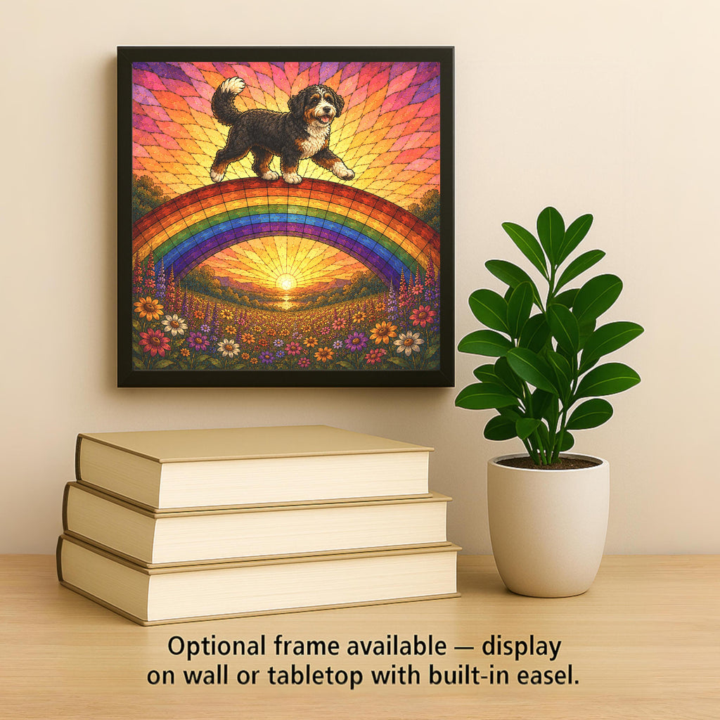 Bernedoodle Memorial Wall Art Ceramic Tile Stained Glass Style Rainbow Bridge Dog Remembrance Pet Loss Meadow Art
