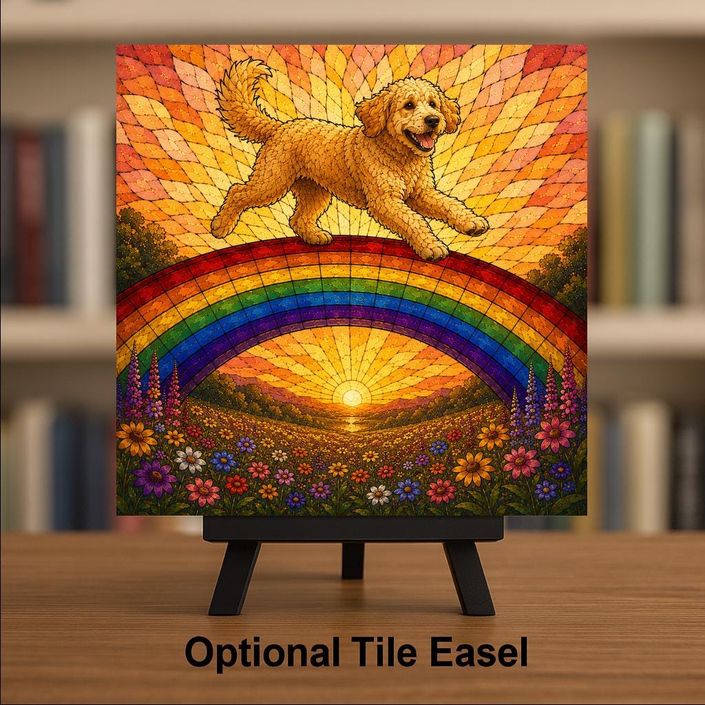 Goldendoodle Memorial Wall Art Ceramic Tile Stained Glass Style Rainbow Bridge Dog Remembrance Pet Loss Meadow Art