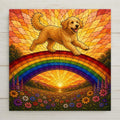 Stained glass style ceramic tile of a joyful curly apricot goldendoodle bounding across a rainbow bridge over a golden meadow