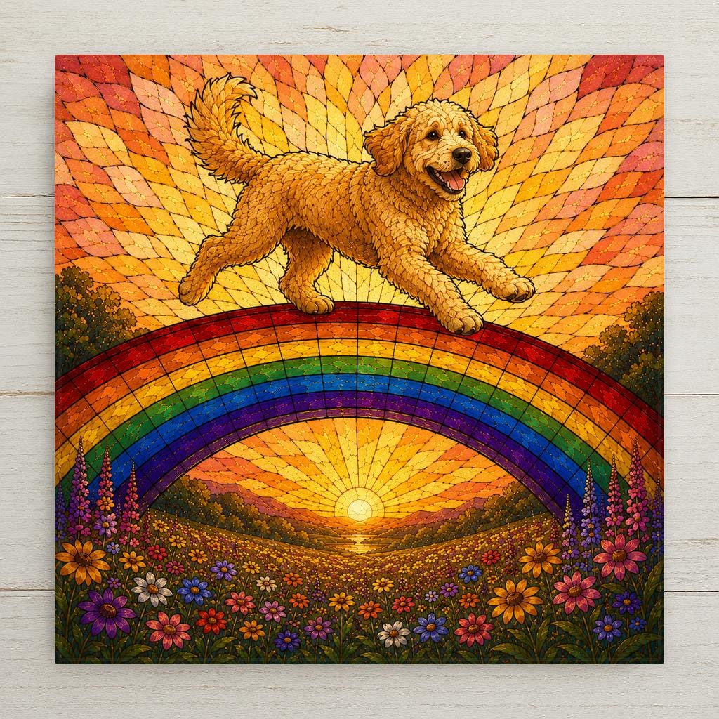 Stained glass style ceramic tile of a joyful curly apricot goldendoodle bounding across a rainbow bridge over a golden meadow