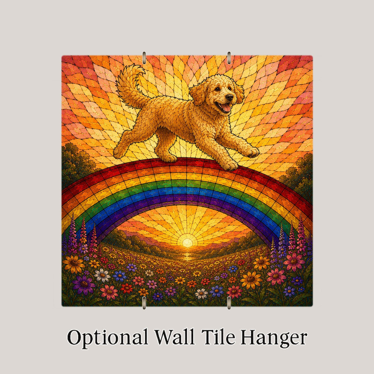 Goldendoodle Memorial Wall Art Ceramic Tile Stained Glass Style Rainbow Bridge Dog Remembrance Pet Loss Meadow Art