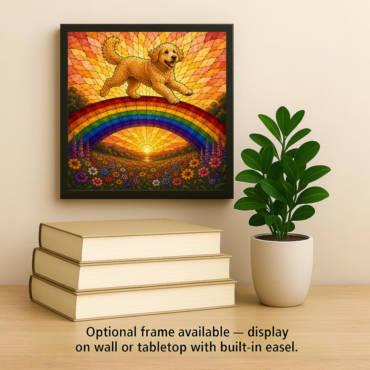 Goldendoodle Memorial Wall Art Ceramic Tile Stained Glass Style Rainbow Bridge Dog Remembrance Pet Loss Meadow Art