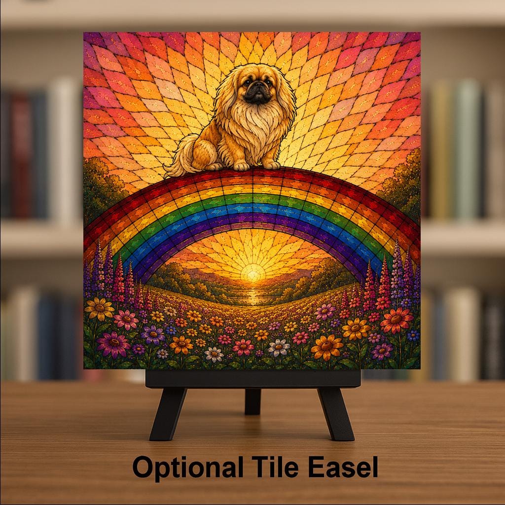Pekingese Memorial Wall Art Ceramic Tile Stained Glass Style Rainbow Bridge Dog Remembrance Pet Loss Meadow Art