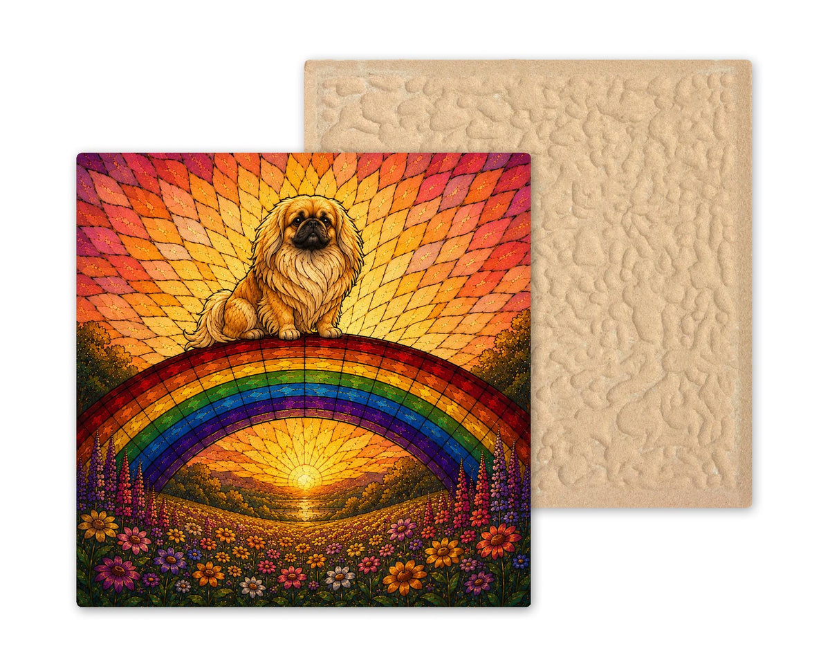 Pekingese Memorial Wall Art Ceramic Tile Stained Glass Style Rainbow Bridge Dog Remembrance Pet Loss Meadow Art