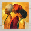 Painterly ceramic tile of three generations of Black women in serene profile, an elder, mother, and girl in ochre, red, and gold robes against luminous golden light