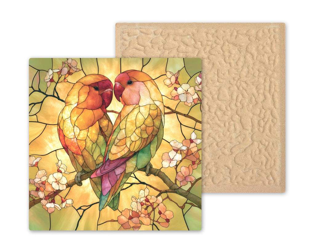 Lovebirds Wall Art Ceramic Tile Stained Glass Style 2nd Anniversary China Keepsake Golden Birds Wedding Decor