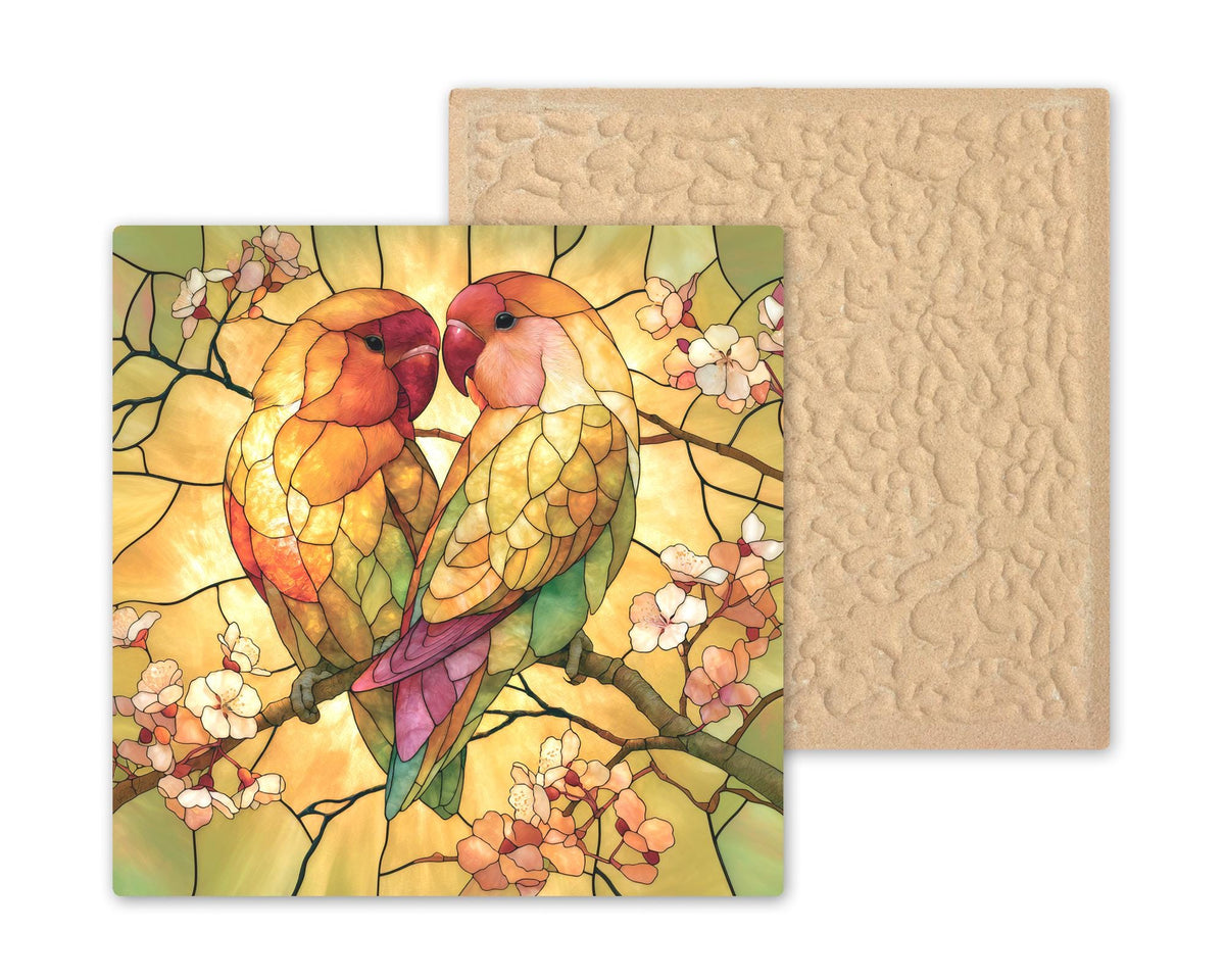 Lovebirds Wall Art Ceramic Tile Stained Glass Style 2nd Anniversary China Keepsake Golden Birds Wedding Decor