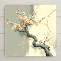 Minimalist ceramic tile of a cherry blossom branch in soft ink style with golden kintsugi veins crossing a muted sage and ivory background