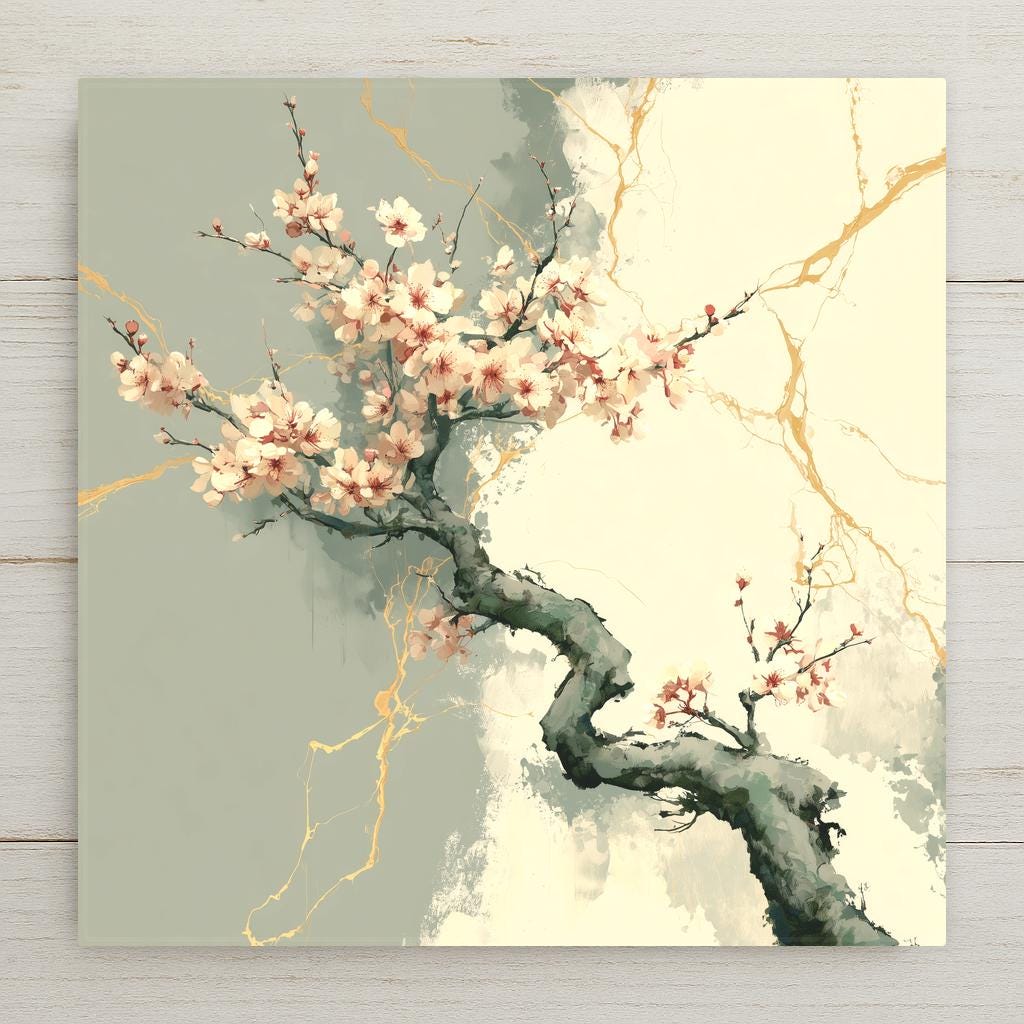 Minimalist ceramic tile of a cherry blossom branch in soft ink style with golden kintsugi veins crossing a muted sage and ivory background
