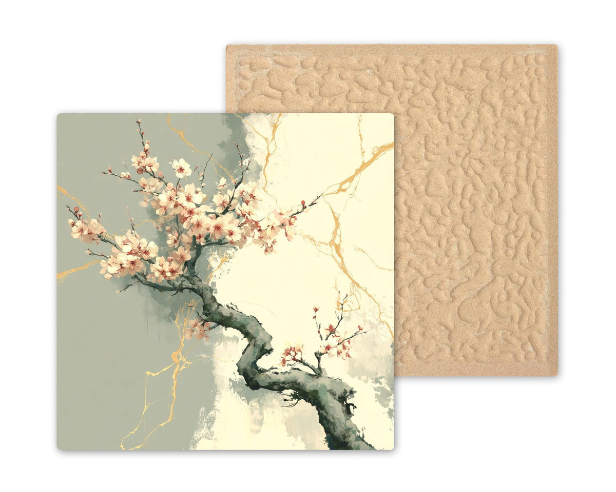Wabi Sabi Wall Art Ceramic Tile Japandi Zen Decor Kintsugi Cherry Blossom Branch Gold Minimalist Japanese Art