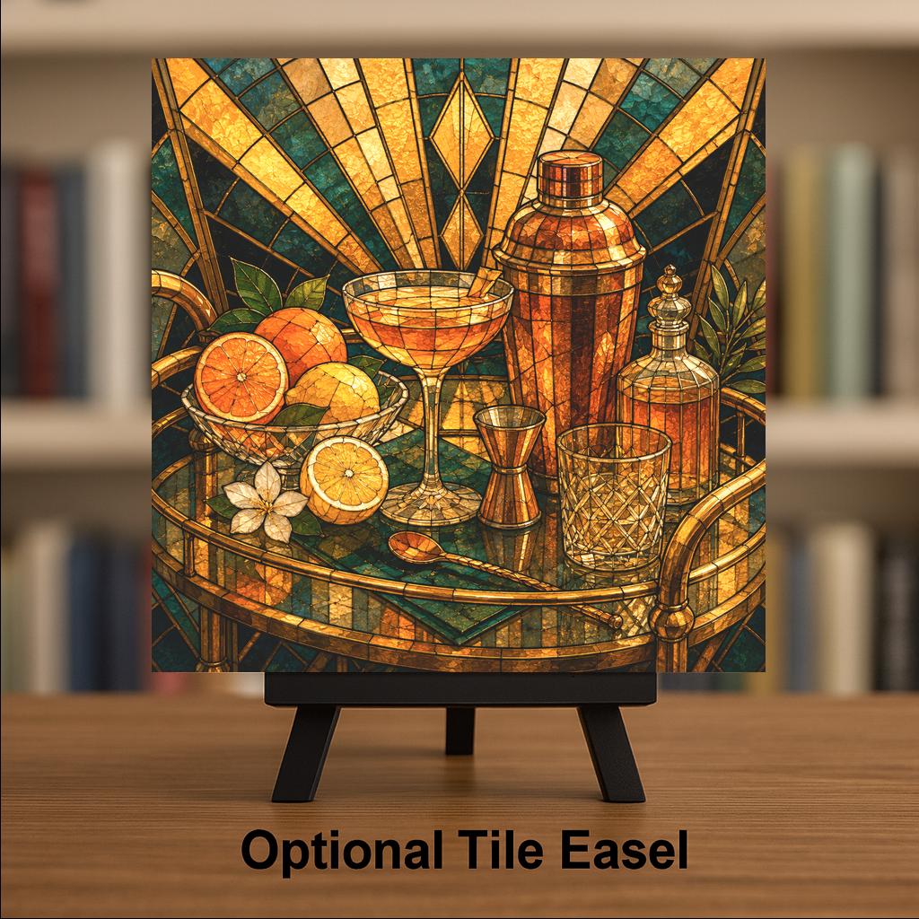 Bar Cart Wall Art Ceramic Tile Stained Glass Style Cocktail Hosting Decor Kitchen Bar Golden Hour Citrus Art