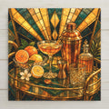 Stained glass style ceramic tile of an elegant cocktail still life on a gold bar cart with a coupe glass, shaker, and bright citrus in art deco golden light
