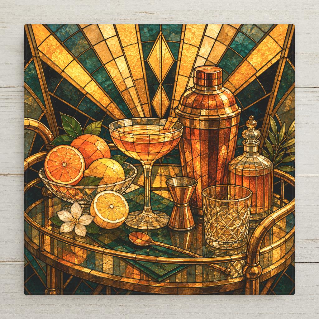 Stained glass style ceramic tile of an elegant cocktail still life on a gold bar cart with a coupe glass, shaker, and bright citrus in art deco golden light