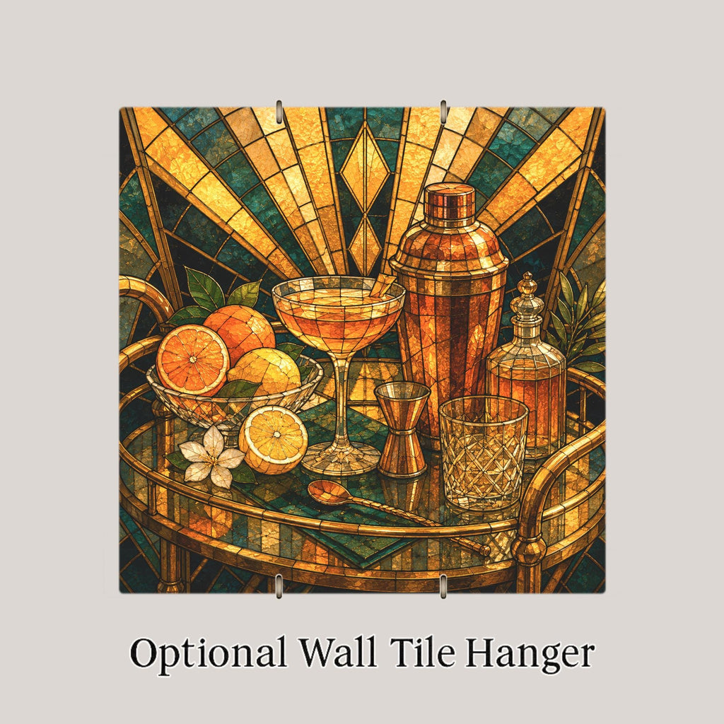 Bar Cart Wall Art Ceramic Tile Stained Glass Style Cocktail Hosting Decor Kitchen Bar Golden Hour Citrus Art