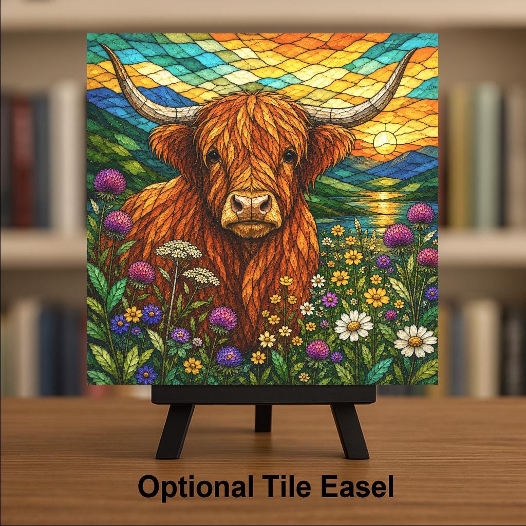 Highland Cow Ceramic Tile Stained Glass Style Scottish Sunset Loch Wildflower Meadow Farmhouse Wall Art Decor