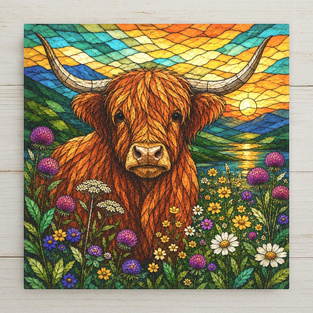 Stained glass style ceramic tile of a shaggy highland cow standing in a wildflower meadow before a sunset loch in the Scottish Highlands