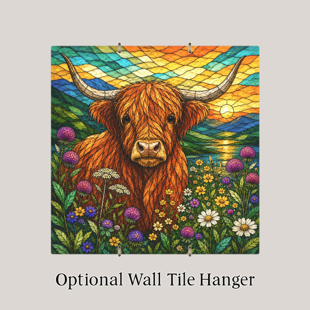 Highland Cow Ceramic Tile Stained Glass Style Scottish Sunset Loch Wildflower Meadow Farmhouse Wall Art Decor